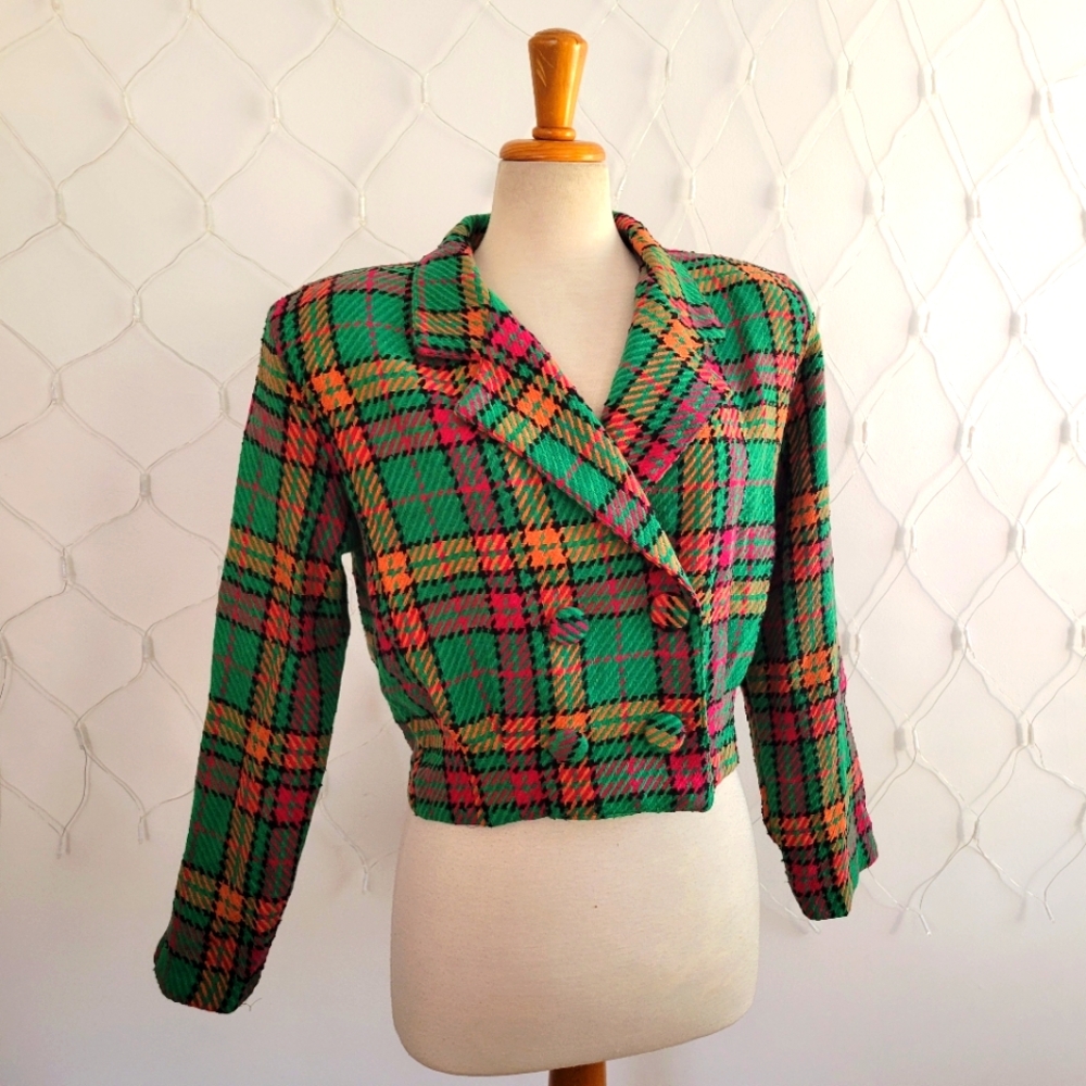 Vintage Green Plaid Cropped Blazer with Pink and Orange Accents